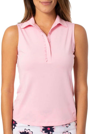 Womens Light Pink Sleeveless golf polo with ruffle trim