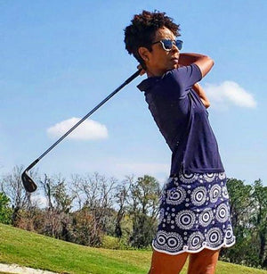 Navy Medallion Stretch Cotton Skort | Jump Rope | Available in 2 Lengths