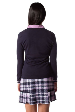 Cute Navy Golf sweater with stylish lavender plaid skirt