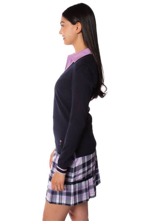 Cute Navy sweater with pretty lavender and navy plaid print skirt