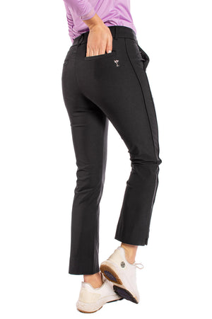 Women's black stretch golf pant with cropped ankle and back scorecard pocket