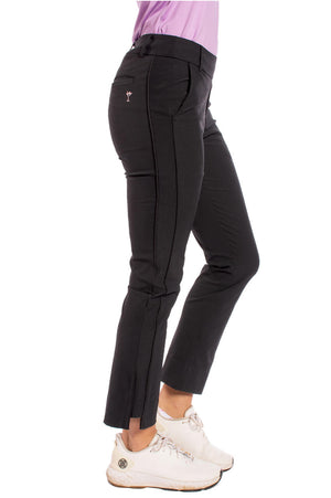 Women's black cropped stretch golf pant with martini on back pocket