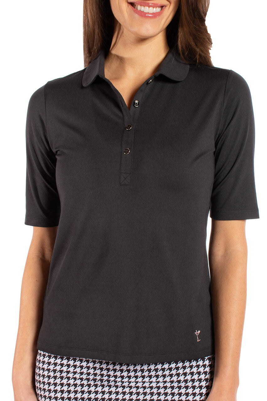 Women&#39;s black elbow length golf polo with buttons
