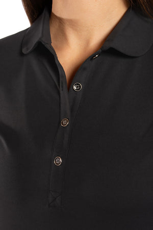 Closeup shot of women's black elbow length golf polo button collar