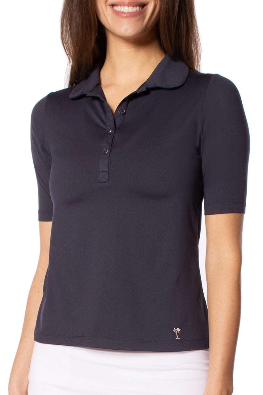 Women's navy elbow length golf polo with buttons in extra soft fabric