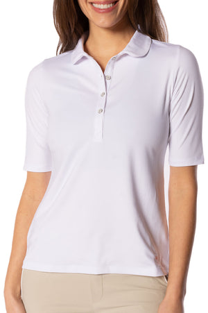 Women's white elbow length golf polo with buttons