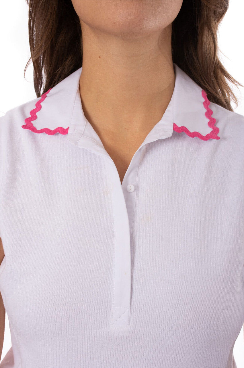 Sleeveless Stretch Pique Cotton Polo with Hot Pink Ric Rac Trim