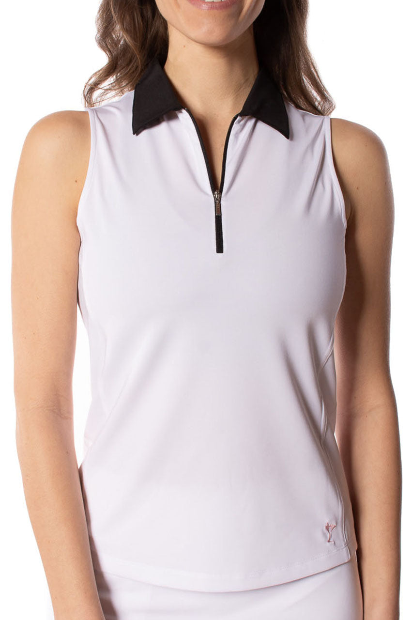 Womens Golf White Sleeveless Golf Polo with Black Contrast Collar