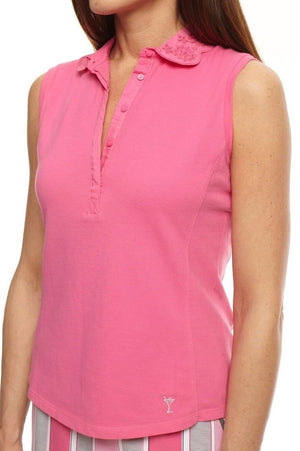 Women's Sleeveless Eyelet Stretch Cotton Polo - Hot Pink