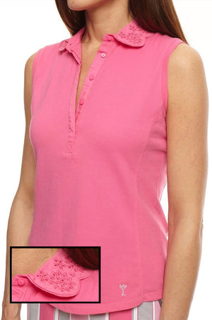 Women's Sleeveless Eyelet Stretch Cotton Polo - Hot Pink