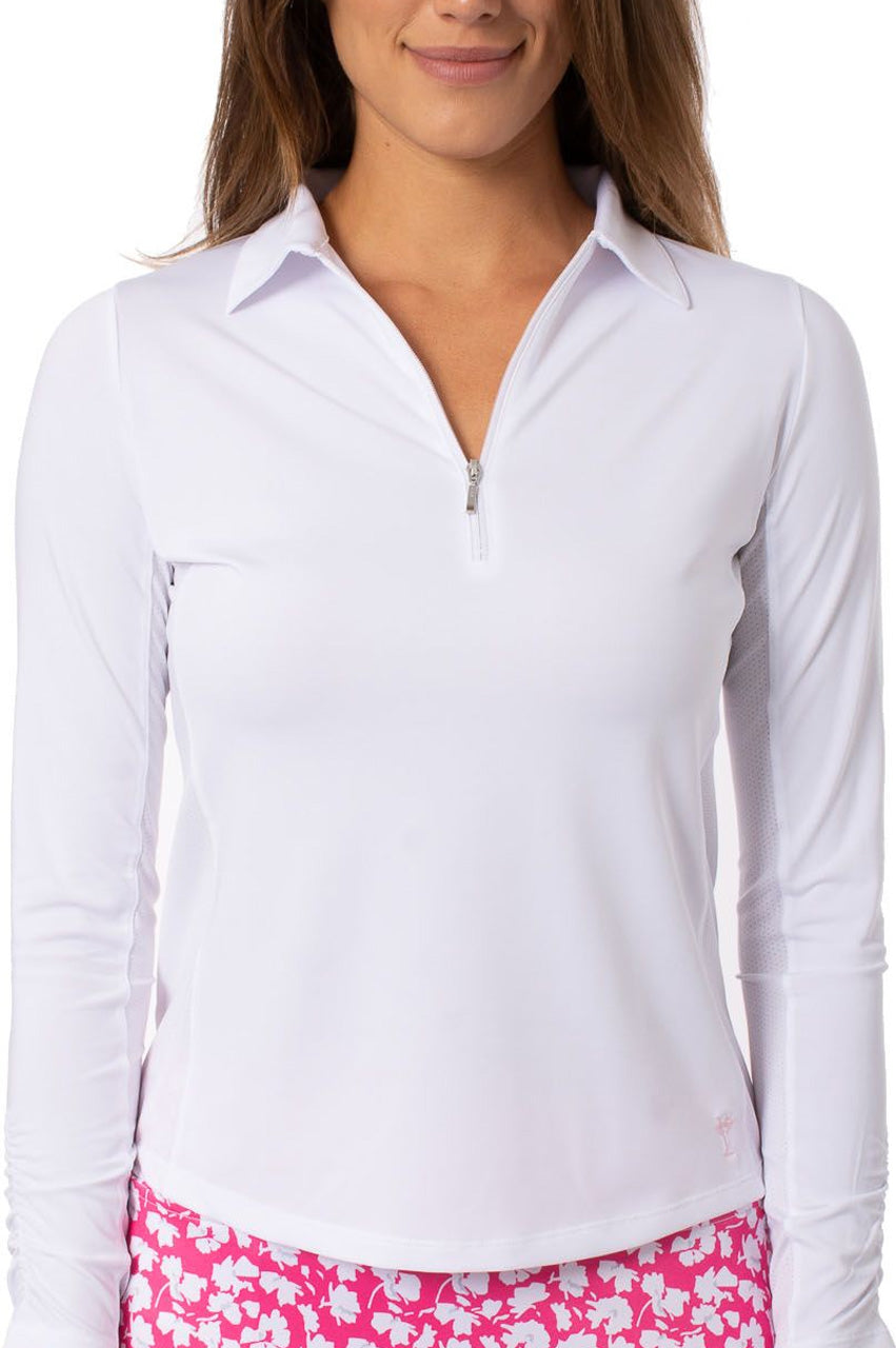 Golftini  White Long Sleeve Zip Stretch Polo - Women's Golf Tops