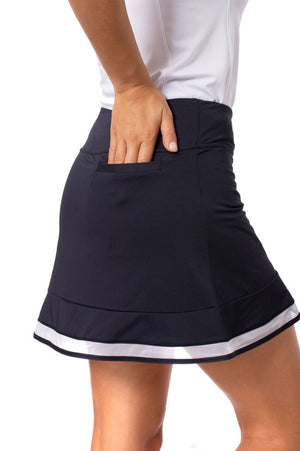 Navy stretch golf skort with white mesh trim detail and big back scorecard pocket for tennis and golf